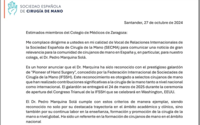 Carta comunicación premio «Pioneer of Hand Surgery» al Colegio de Médicos de Zaragoza