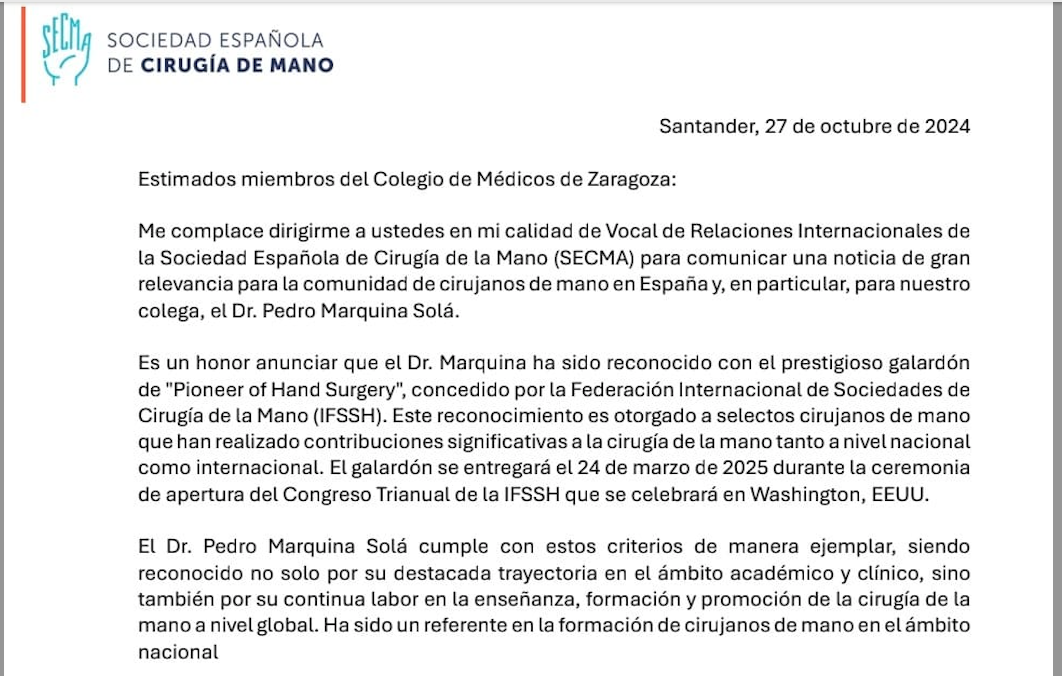 Carta comunicación premio «Pioneer of Hand Surgery» al Colegio de Médicos de Zaragoza